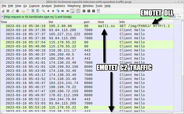 Wireshark pcap showing the Emotet DLL and the Emotet C2 traffic
