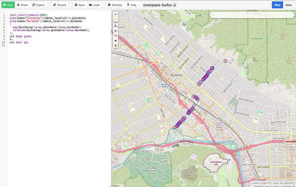 OpenStreetMap Overpass-turbo screenshot showing a map with many little circles along the boundary between Glendale and Burbank.