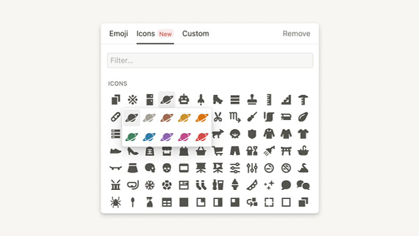 This is a pop-up menu in Notion set against a cream background. The menu shows custom icons you can assign to a page, arranged in a 12-by-7 array. All of these icons, designed by Parakeet, depict common objects and symbols and are dark gray in color. The planet icon is selected, and an additional mini pop-up menu shows 10 different color options that the user can choose.