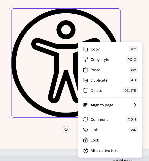 Screenshot of the canva edit menu showing the option for Alternative text for elements. With an accessibility symbol as the example image. 