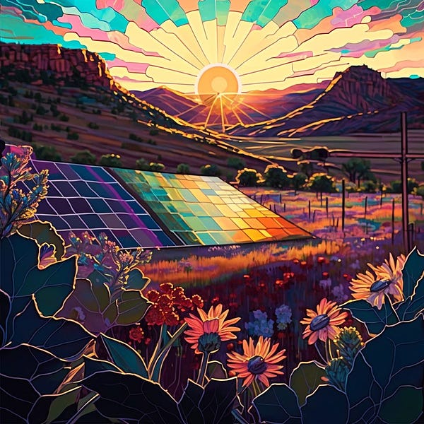 A vibrant stained glass mosaic design of a sunrise over a solar farm reflecting a rainbow of light surrounded by wildflowers in bloom