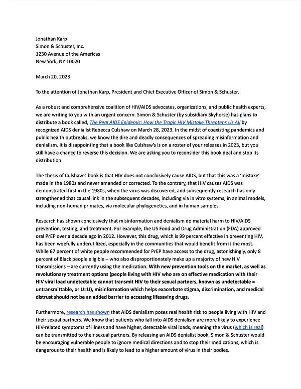 Full community letter demanding Simon & Schuster drop distribution of AIDS denialist book. 