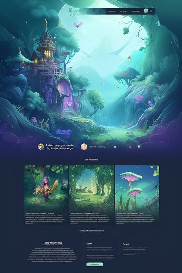 a beautiful landing page for a game with a magical theme, there is a magical top navbar and a gorgeous footer, the landing page also features a beautiful cinematic and magical glowing forest background image, the UI is perfect and beautiful --ar 2:3