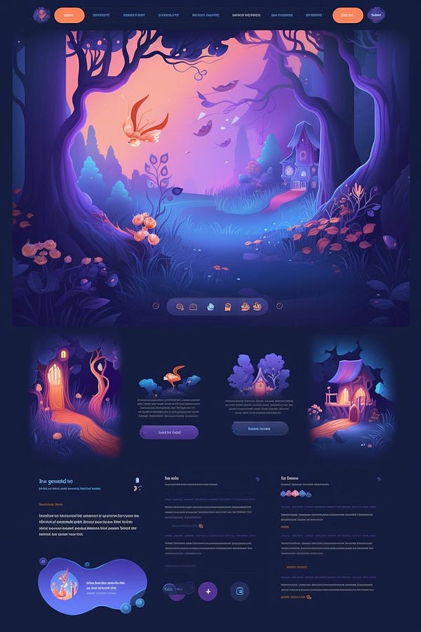a beautiful landing page for a game with a magical theme, there is a magical top navbar and a gorgeous footer, the landing page also features a beautiful cinematic and magical glowing forest background image, the UI is perfect and beautiful --ar 2:3