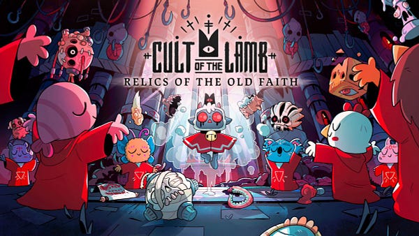 Key Art of Cult of the Lamb's free expansion, Relics of the Old Faith. 

The Lamb floats in the centre with several followers on their knees, praying to them. The followers include a rhino, shrimp, butterfly, koala and chicken. Several strange items float or lie on the ground among the Lamb and the followers. 