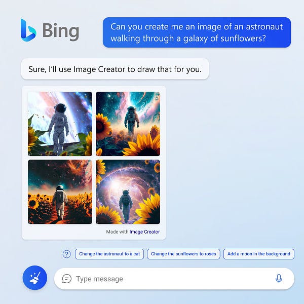 Bing chat UI with the prompt "can you create me an image of an astronaut walking through a galaxy of sunflowers?" and then Bing's chat response, producing 4 images of an astronaut in a galaxy of sunflowers