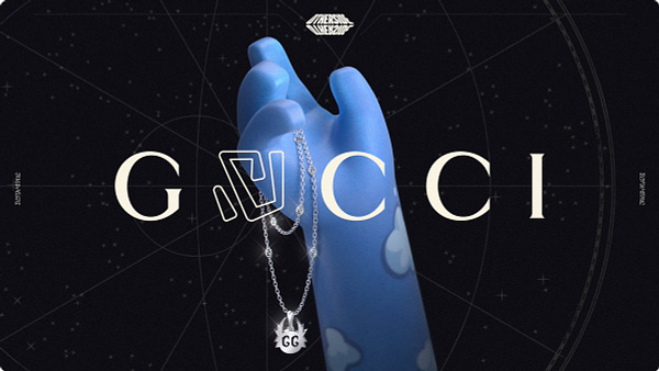 A blue digital hand with four fingers holds a silver necklace with an Interlocking G chain and a Koda-shaped pendant with a GG cut-out in front of a black and white constellation map. On the top, there is the Otherside logo in white and it says Gucci in the middle with the U in an outlined font. On the left and the right there are coordinates. 