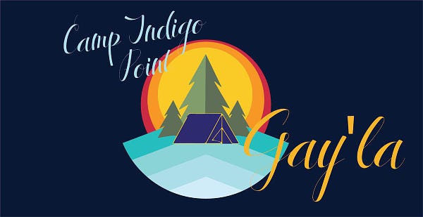 A logo for Camp Indigo Point of three pine trees on a sunset with a blue tent below it, and the words "Camp Indigo Point Gay'la" across it
