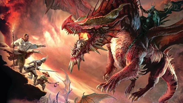Art of a red dragon being ridden by a Lich being fought by a group of adventurers