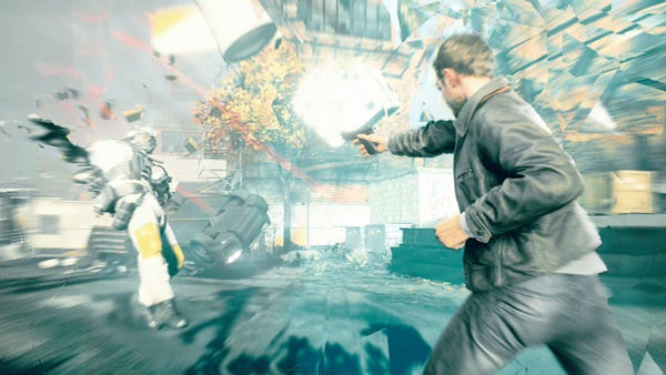 A screenshot of Quantum Break. Jack Joyce uses one of his time powers (Time Shield) to defend against an enemy.