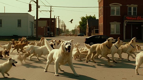 Doges attacking Blu Birds, DVD screengrab from the movie "The Dawn of Twitter" by George A. Romero, --ar 16:9 --v 5