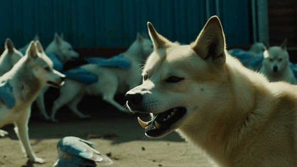 Doge attacking cute blue birds, DVD screengrab from the movie "The Dawn of Twitter" by George A. Romero, --ar 16:9 --v 5 