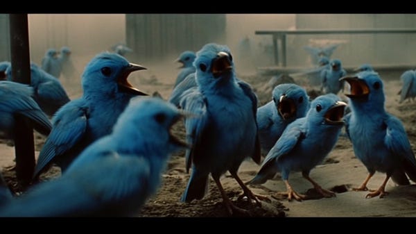 Evil doges attacking cute little blue birds, DVD screengrab from the movie "The Dawn of Twitter" by George A. Romero, --ar 16:9 --v 5