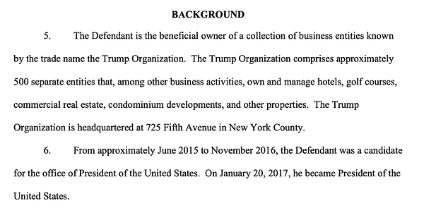 BACKGROUND 5. The Defendant is the beneficial owner of a collection of business entities known by the trade name the Trump Organization. The Trump Organization comprises approximately 500 separate entities that, among other business activities, own and manage hotels, golf courses, commercial real estate, condominium developments, and other properties. The Trump Organization is headquartered at 725 Fifth Avenue in New York County. 6. From approximately June 2015 to November 2016, the Defendant was a candidate for the office of President of the United States. On January 20, 2017, he became President of the United States.