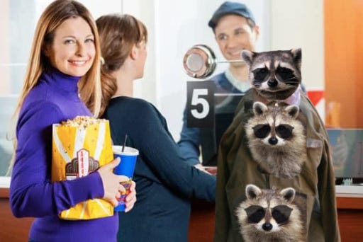 a group of friends who are all totally human (one of which is definitely not three raccoons in a trenchcoat - that would be weird) wait for their tickets to see Barbie movie (2023)