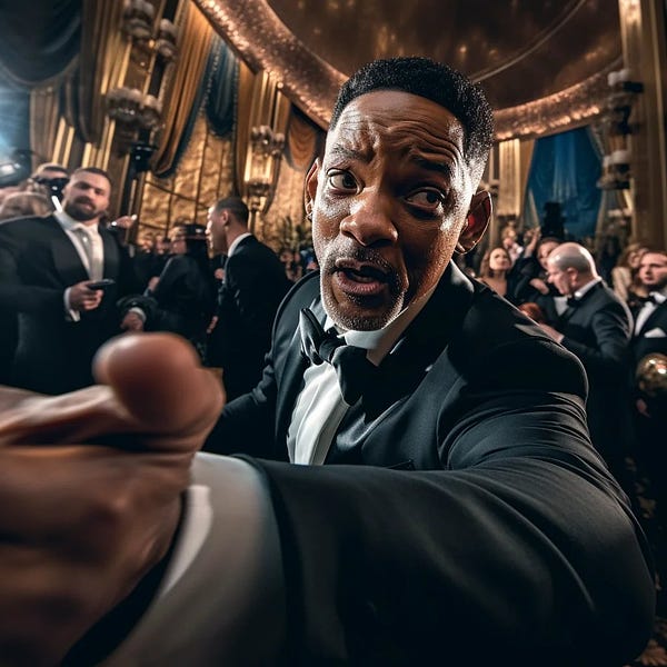 GoPro view of Will Smith wearing a tuxedo slapping the camera forcefully, Oscars award ceremony in the background, fine art cinematic portrait photography, ultra hyper-realism, dramatic lighting, action photograph --v 5 --s 750
