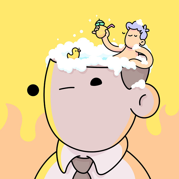 A Doodle in a suit, but his head's turned into a bathtub and a little Doodle is bathing in it, surrounded by bubbles and a rubber duckie, holding a tropical drink and relaxing.