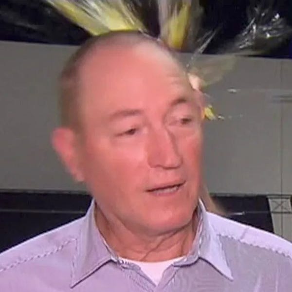 Fraser Anning looking blissfully unaware as an egg explodes off the back of his skull, shooting up like rays of sunshine