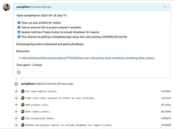 Screenshot of Github pull request:

Tasks completed on 2023-04-24 (day 11)
[x] Clean up user profiles for mobile
[x] Add an external link to project website if available
[x] Update Add New Project button to include dropdown for imports
[x] First attempt at getting a changelog page setup that uses existing CHANGELOG.md file
[x] Started getting others onboarded and getting feedback.

Resources:
- https://stackoverflow.com/questions/11781354/how-can-i-do-github-style-markdown-rendering-from-sinatra

Time spent: ~2 hours