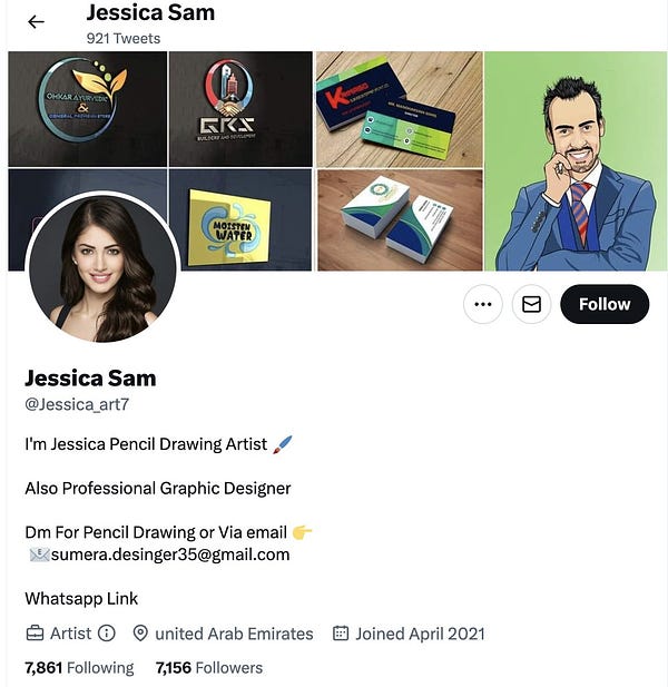 Screenshot of Jessica Sam's Twitter account