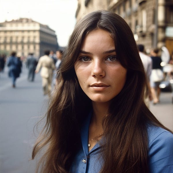 Italy, 1970 an attractive Italian girl in Rome, street photography, picture taken with Canon AE - 1