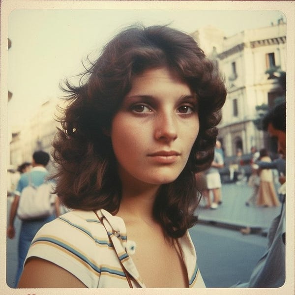 Italy, 1980 an attractive Italian girl in Rome, street photography, picture taken with Polaroid Sun 600