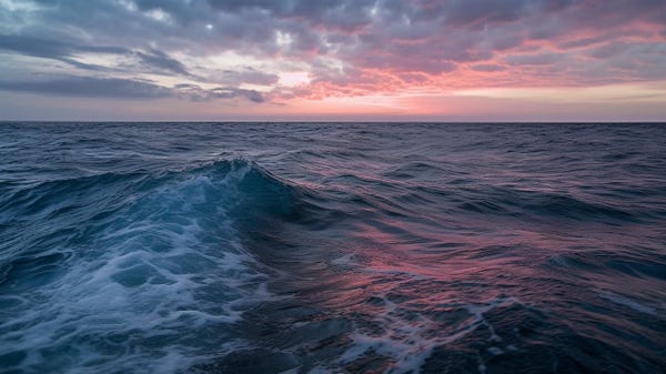 editorial photo, wide shot of the open ocean. a beautiful glow can be seen in the small waves. the clouds look like cotton candy. it feels hopeful --ar 16:9 --v 5 --s 1000