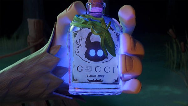 A digital monkey hand holds a glowing bottle with a leaf wrapped around it. Its white label has an image of an animal-like head with large pointy ears and big round eyes, and it says "Gucci Yuga Labs" on the bottom. 