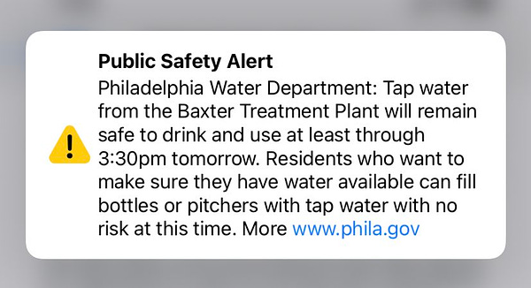Public Safety Alert saying that Philly’s tap water is safe to use at least through 3:30pm tomorrow. More info at www.phila.gov