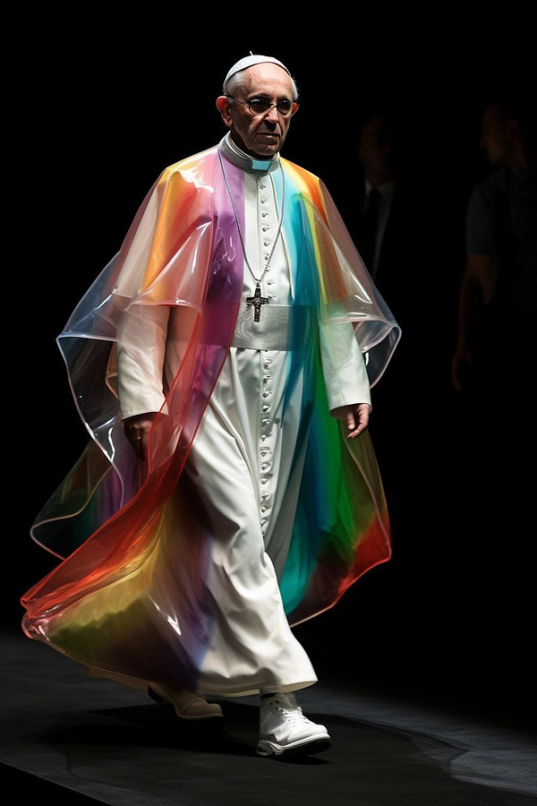 photo realistic Catholic Pope Francis walking runway, wearing matte transparent rainbow hypebeast iris van herpen, style balenciaga, celine activewear with very small metal --ar 2:3 --s 250 --v 5