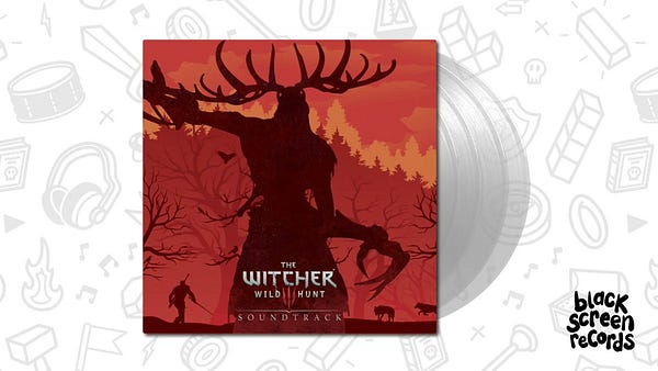 The Witcher 3: Wild Hunt Soundtrack on 4xLp clear vinyl in front of a patterned background. Black Screen Records Lettered Logo in lower right corner.