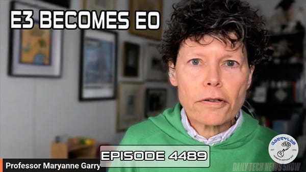 “E3 BECOMES E0” in white text on screenshot of Professor Maryanne Garry taken from today’s video recording of DTNS, “Professor Maryanne Garry” in white text in the bottom left corner, “EPISODE 4489” in white text across the bottom.