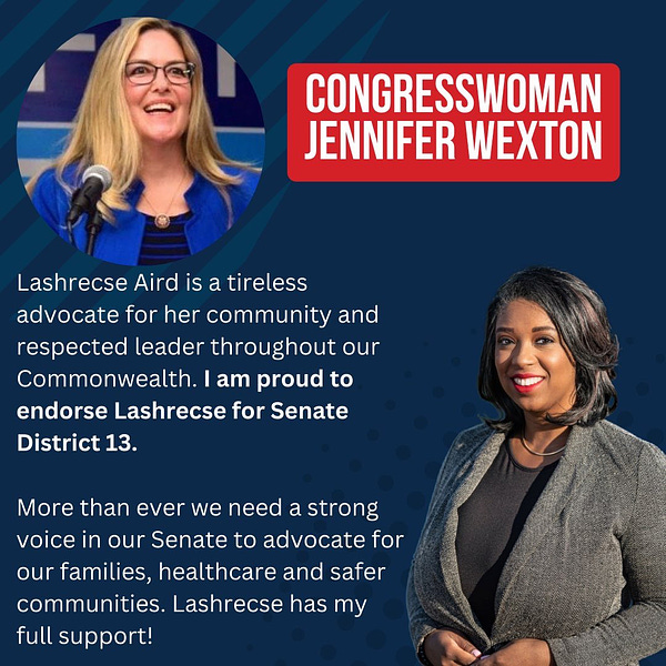 Graphic featuring Congresswoman Wexton endorsing Lashrecse with quote: Lashrecse Aird is a tireless advocate for her community and respected leader throughout our Commonwealth. I am proud to endorse for Senate District 13.

More than ever we need a strong voice in our Senate to advocate for our families, healthcare and safer communities. Lashrecse has my full support!