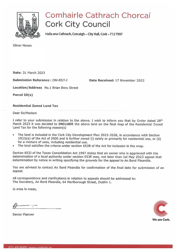 Confirmation letter that 1 Brian Boru Street has been included in the Residential Zoned Land Tax.