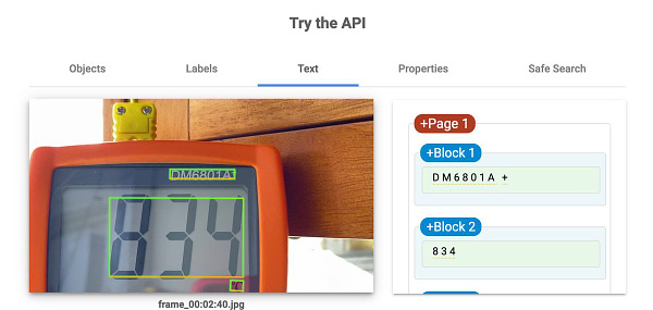The Cloud Vision "Try the API" tool. My photo is on the left with boxes drawn on it around the model number of the thermometer, the LCD temperature display and the little C shown below it. On the right is a Block 1 box with the model number and Block 2 showing 834, the current temperature.