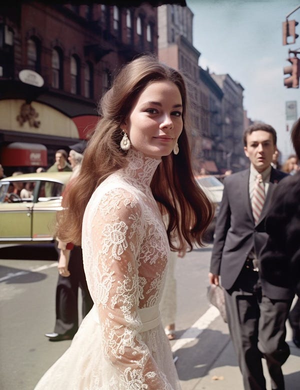 1960s street style fashion photo capturing a gorgeous 30-year-old woman with long brown hair, slightly blush cheeks, and a sly grin walking confidently on a bright spring morning in TriBeCa. She's wearing a stunning white lace Gucci gown with a full tulle skirt, intricate lace detailing, long lace sleeves, a high collar, and a fitted bodice adorned with delicate floral appliques. The soft lighting and careful composition emphasize the dreamy and romantic elegance of the gown. --ar 17:22
