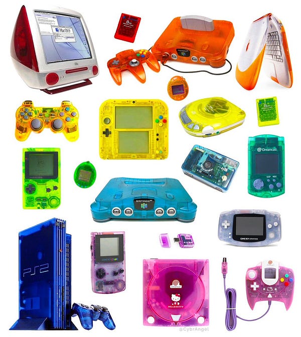 A variety of clear, rainbow-colored electronics from the nineties.
