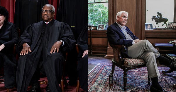 Left: Supreme Court Justice Clarence Thomas in October 2022. He is seated with his fellow SCOTUS justices {not pictured]. Right: Harlan Crow in October 2015. He is photographed seated in what appears to be a room in his home.