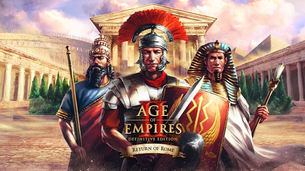 Image: The Age of Empires II: Definitive Edition — Return of Rome retail key art, featuring new illustrations of figures originally depicted in Age of Empires I and Age of Empires I: Definitive Edition. The Age of Empires II: Definitive Edition logo is centered on the image with a paper banner beneath it reading "Return of Rome".