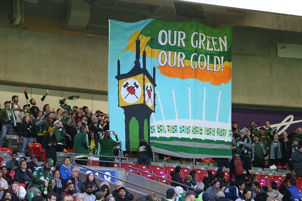 Timbers Tifo reading “Our Green, Our Gold”