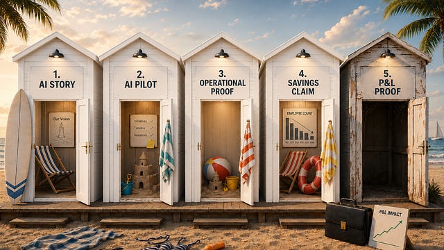 Five beach huts labelled AI Story, AI Pilot, Operational Proof, Savings Claim, P&L Proof