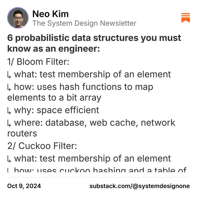 Neo Kim on Substack "6 probabilistic data structures you must know as