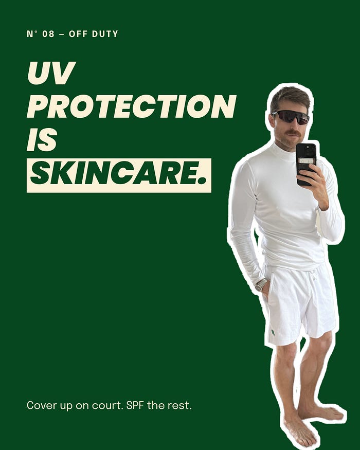 UV protection is skincare: Brian in a white lululemon UV-protective mock neck, cut out on forest green