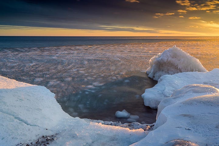 A selection of landscape photos that show winter images near frozen shorelines and water.