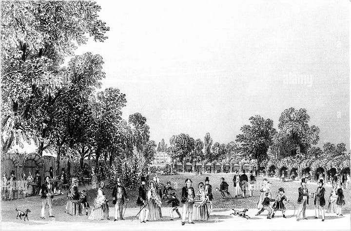 black and white victorian prints of men and women outdoors promenading and taking tea