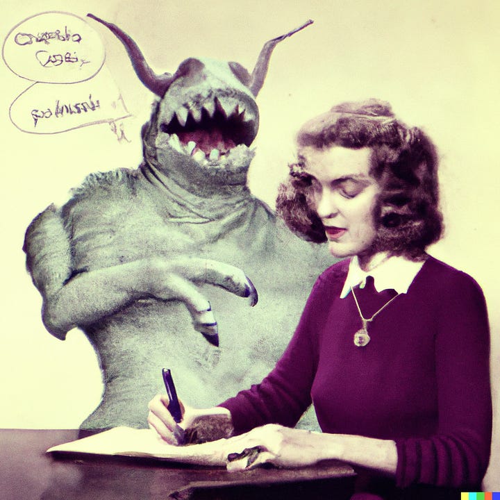 two AI-assisted images depicting women writing at a desk while a monster yells at them.