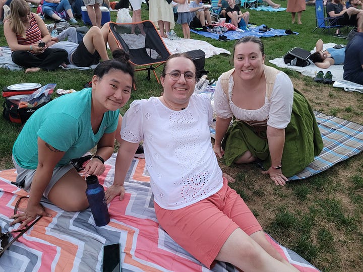 Four photos: One is Jade posing with two friends at a summer lawn concert. One is Lyndsey posing with a friend at an ice cream stand. One is of Jade and Lyndsey in a pool with two friends. The last is of Jade and their mom holding cans that say "regular beer" on them.