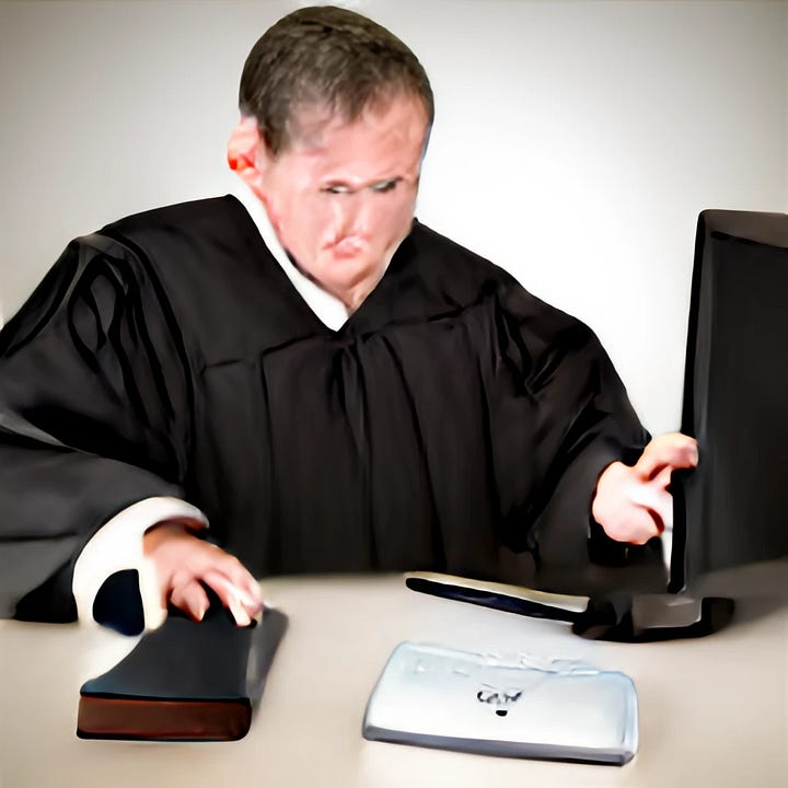 Five AI-generated images of white men in judge's robes. Their faces and hands are blurry and distorted, and they're sitting in front of laptops.