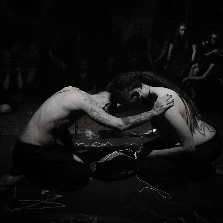 two photos of Charlyne's work with suspension as public performance